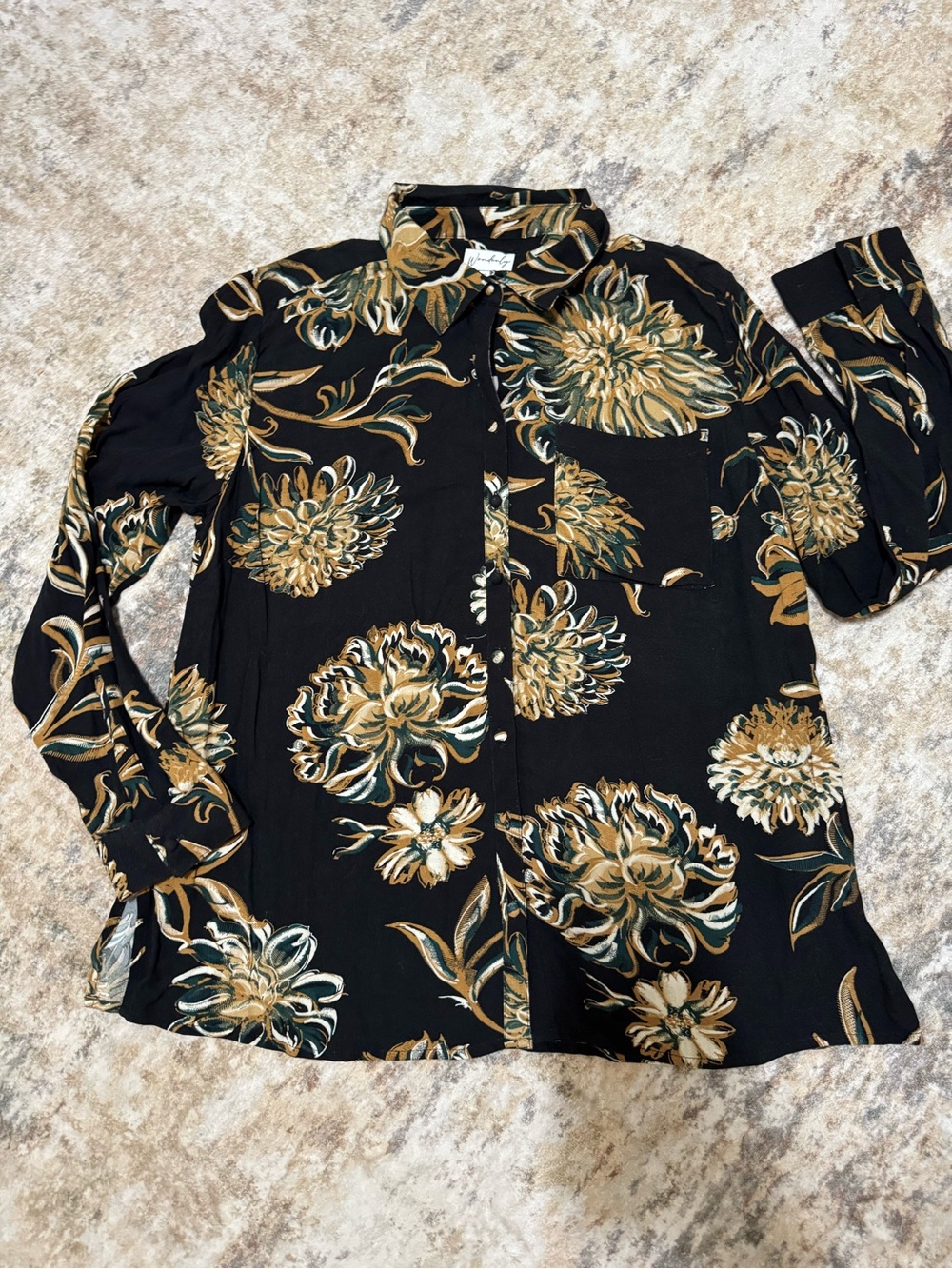 Wonderly Black Button-Down Top with Gold Floral Print